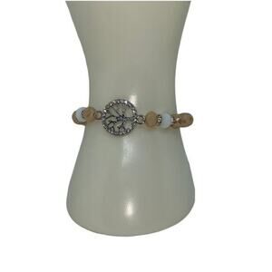 Gold & White Beaded Silver-Tone Tree of Life Pendant Rhinestone Stretch Bracelet